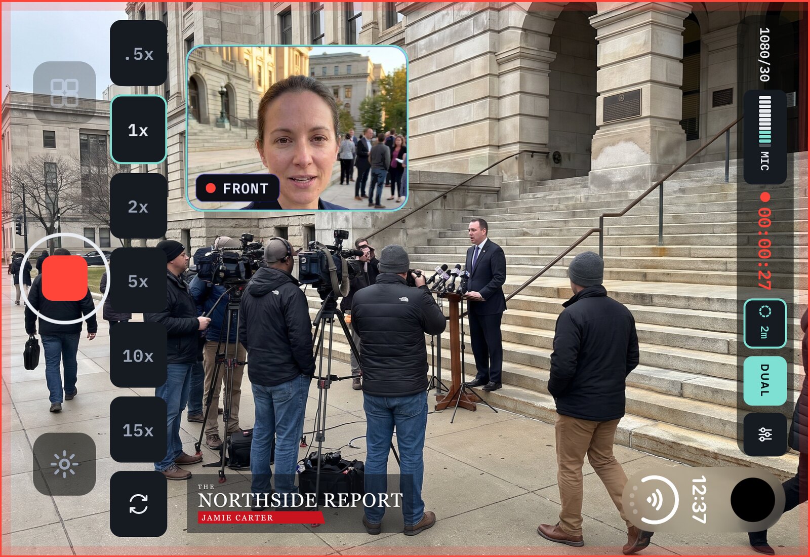 Doubleback recording with both cameras on the open Duo, the picture filling the whole screen